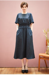 Smocked Waist Linen Midi Dress with Puff Sleeves and Back Zipper